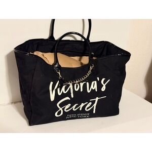 Victoria's Secret Tote Bag Black Canvas Logo Chain Detail Y2K Cole